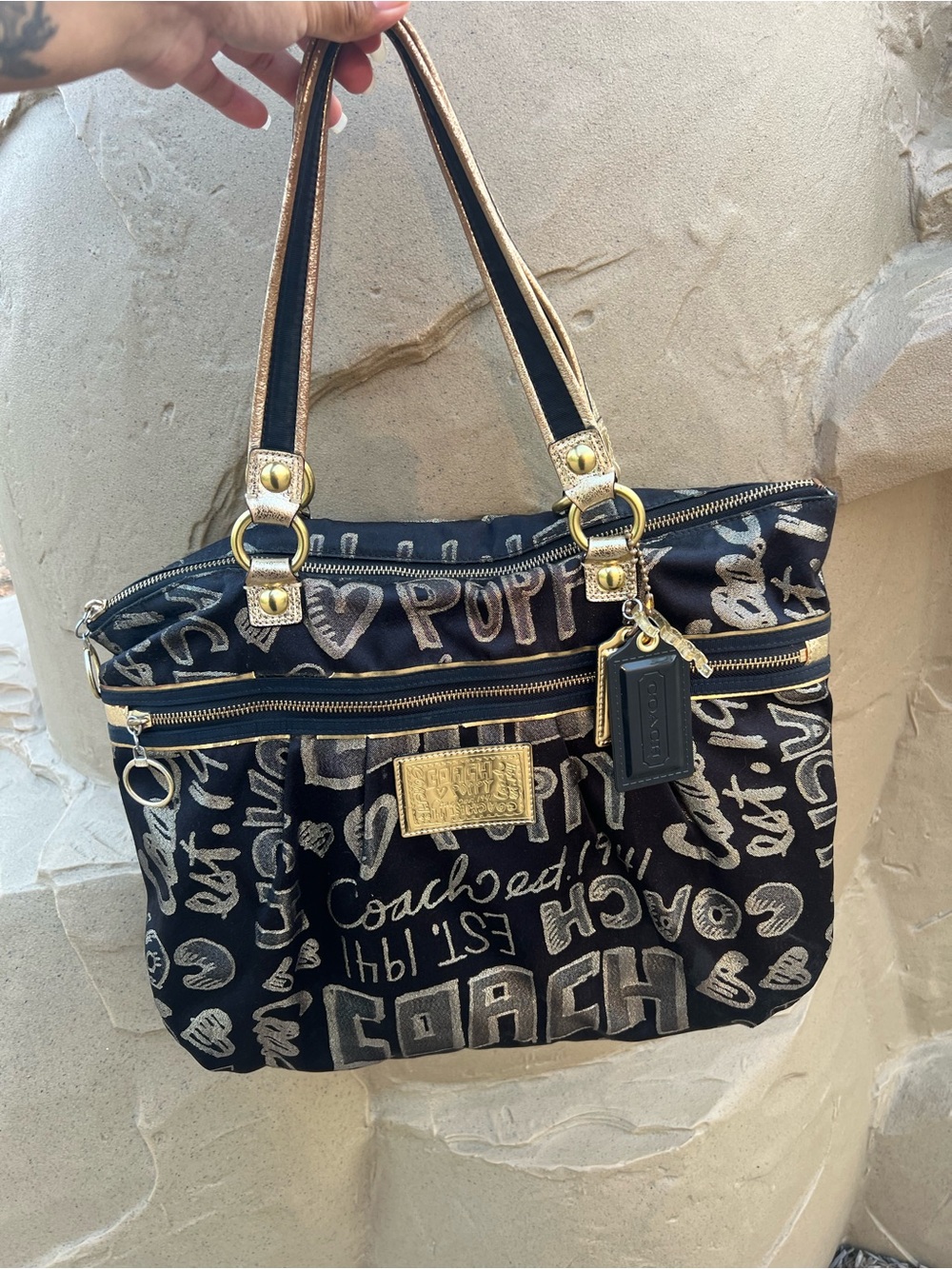 Coach Black Shoulder Bag with Gold Graffiti Accents